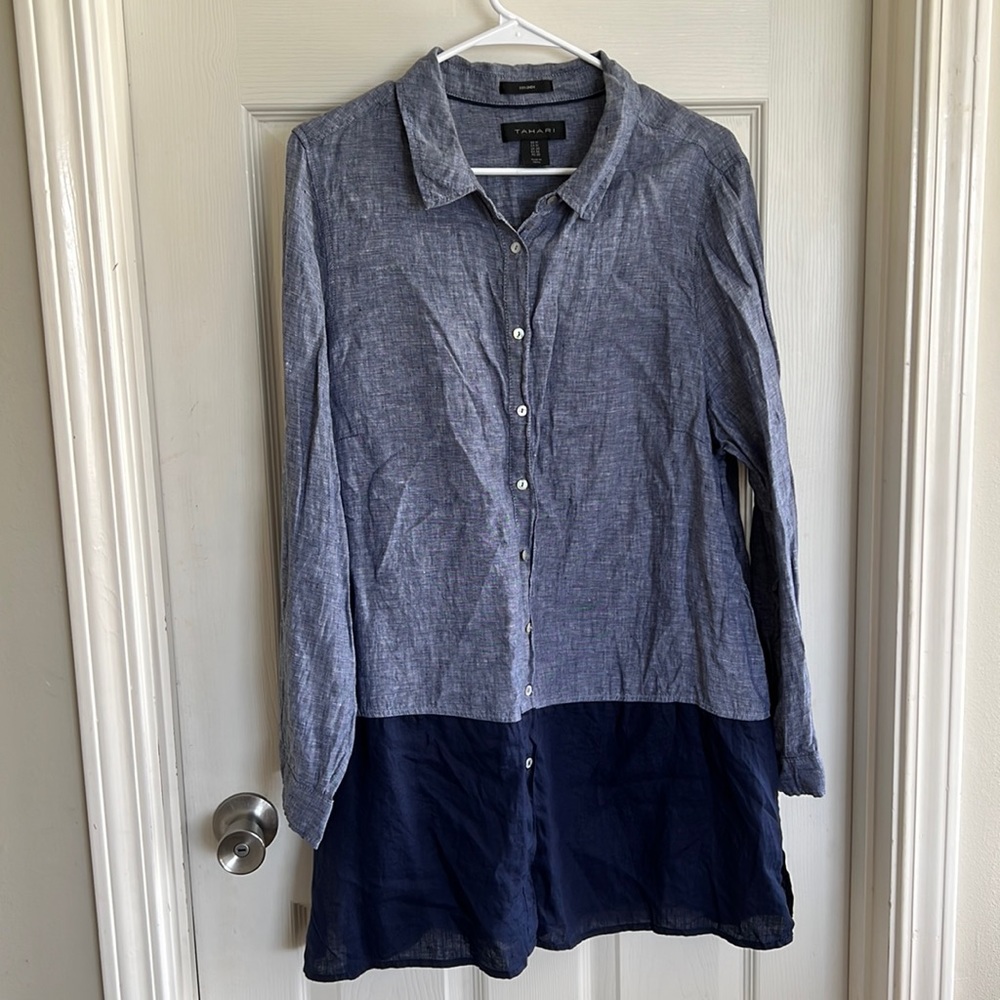 Tahari 100% Linen 1X Long Sleeve Tunic Top - Navy